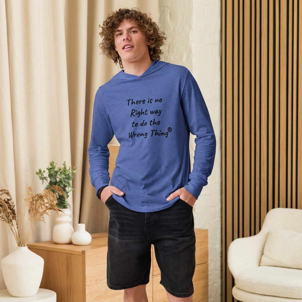 Black-letter hooded tee with a cream-and-wood background