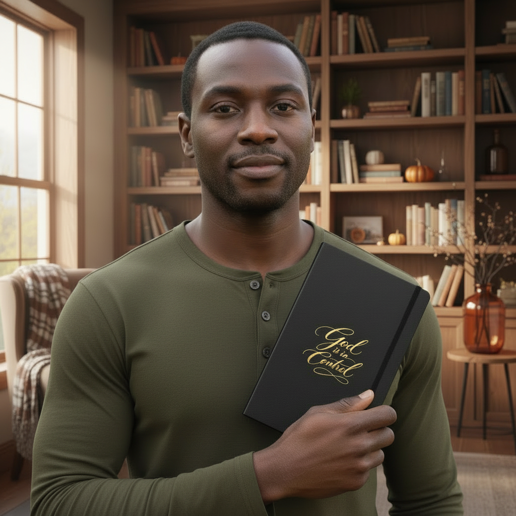 Black notebook, indoor male model with visible face