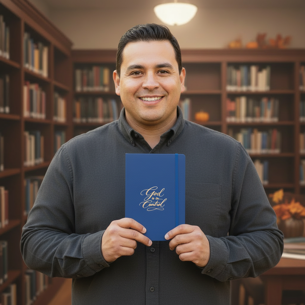 Blue notebook, indoor male model with visible face