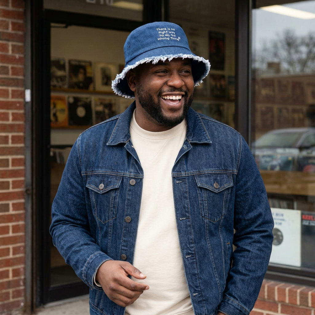 Bucket hat model with coordinated denim outfit