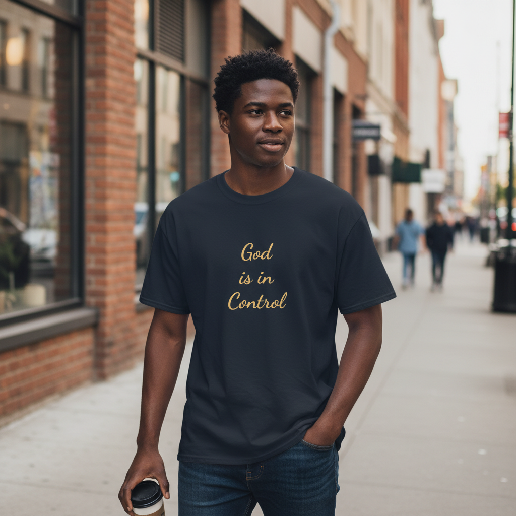 Candid lifestyle photo: a man wearing the Inspirational Unisex Tee with the quote centered on the chest