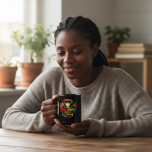 Candid lifestyle photo: a woman holding the Juneteenth glossy mug