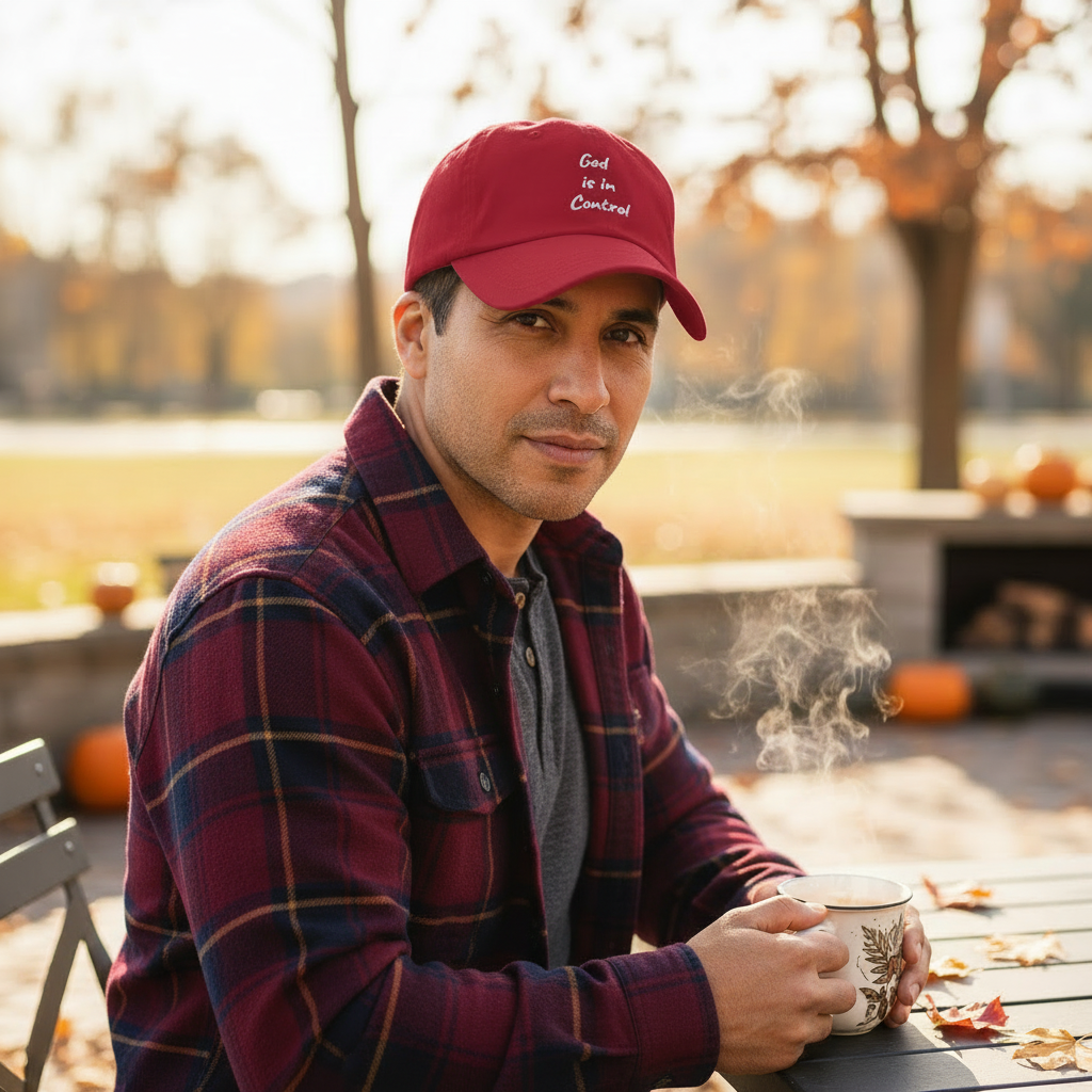 Cranberry hat with burgundy fall overshirt