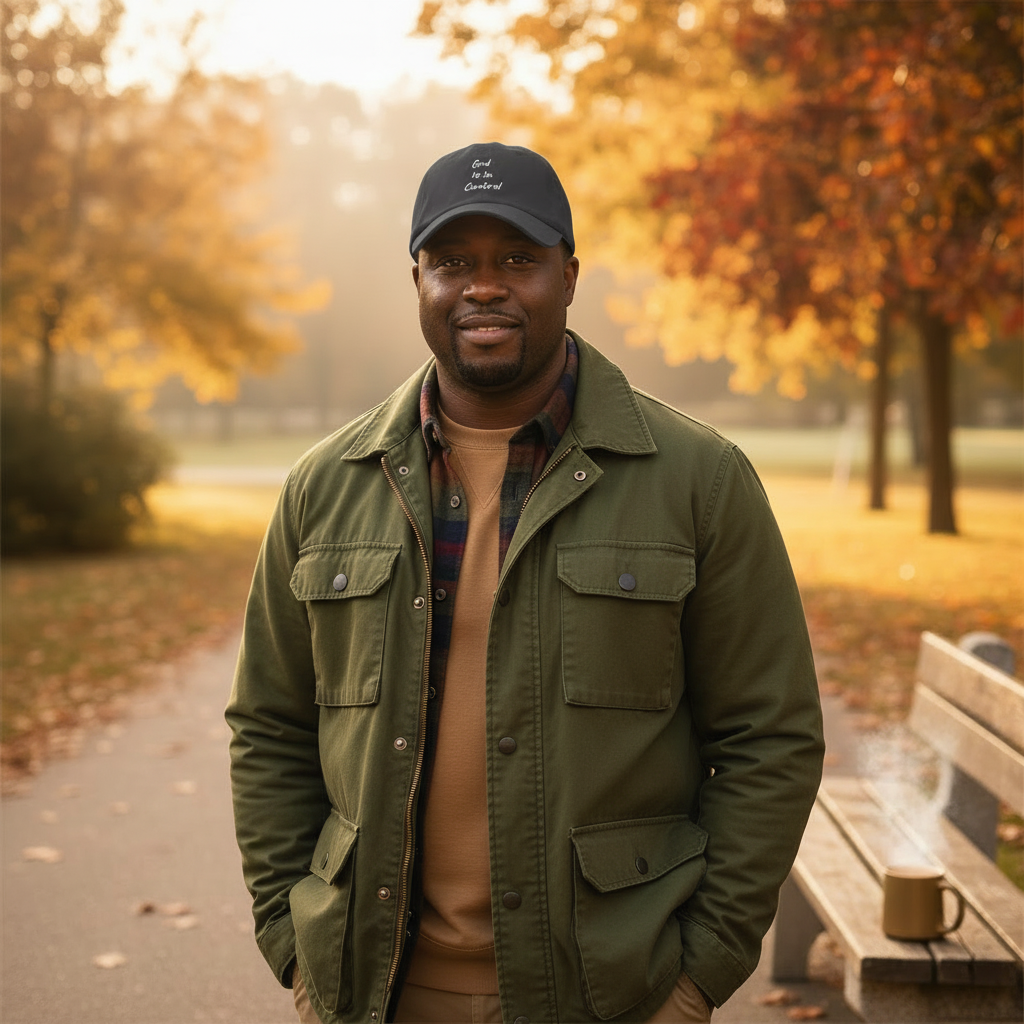 Dark Grey hat with green fall jacket