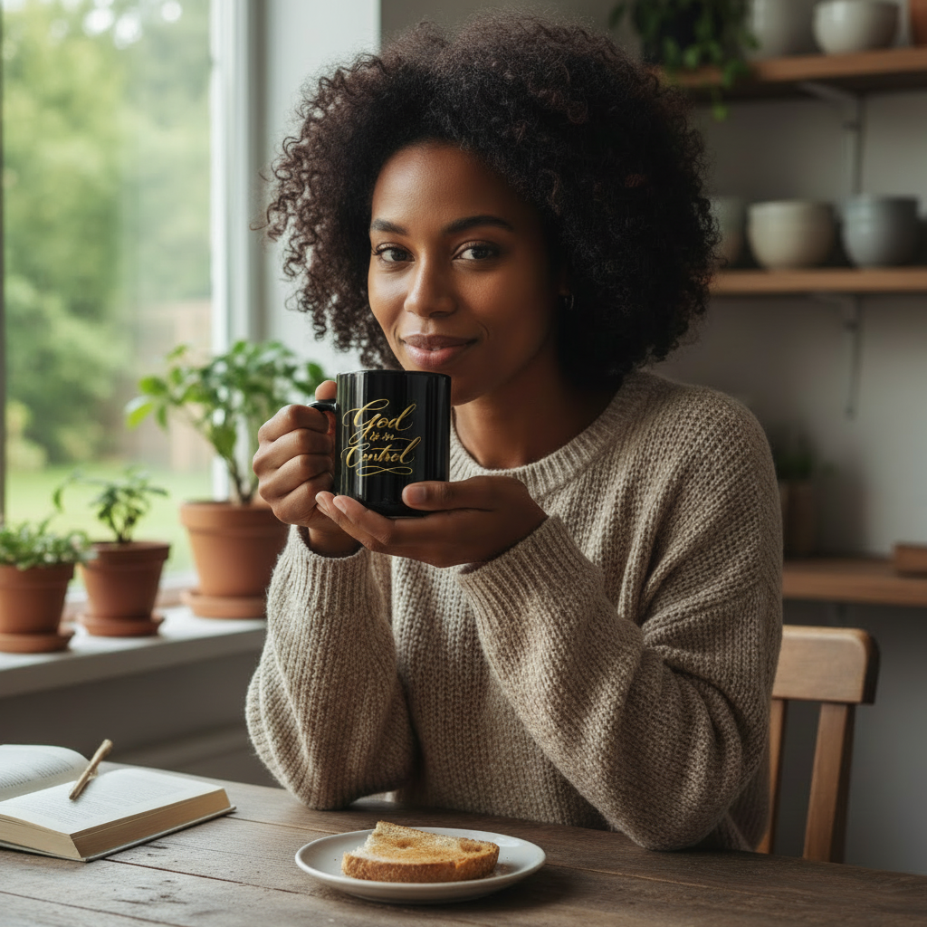 Edited photo: the woman holding the black glossy mug, glass cup removed, toast kept on the table