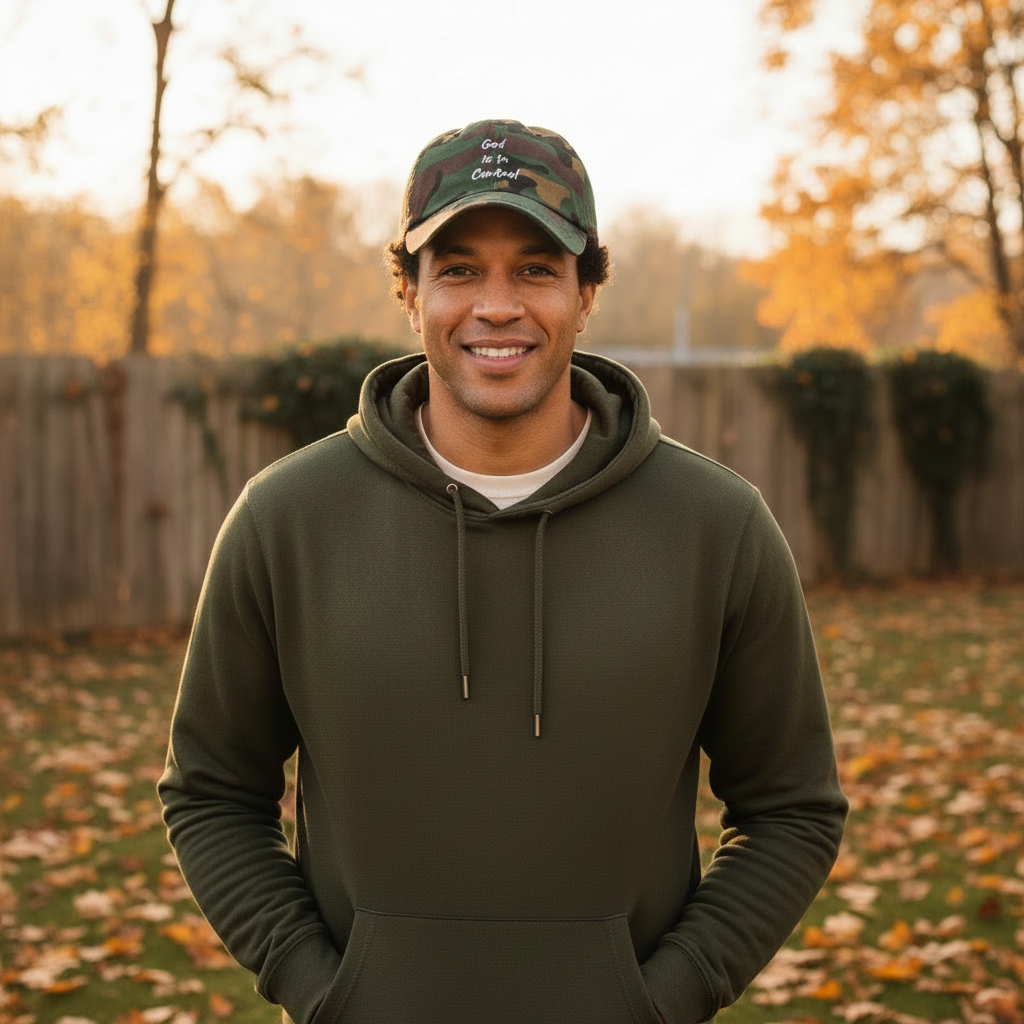 Green Camo hat with clear fall background