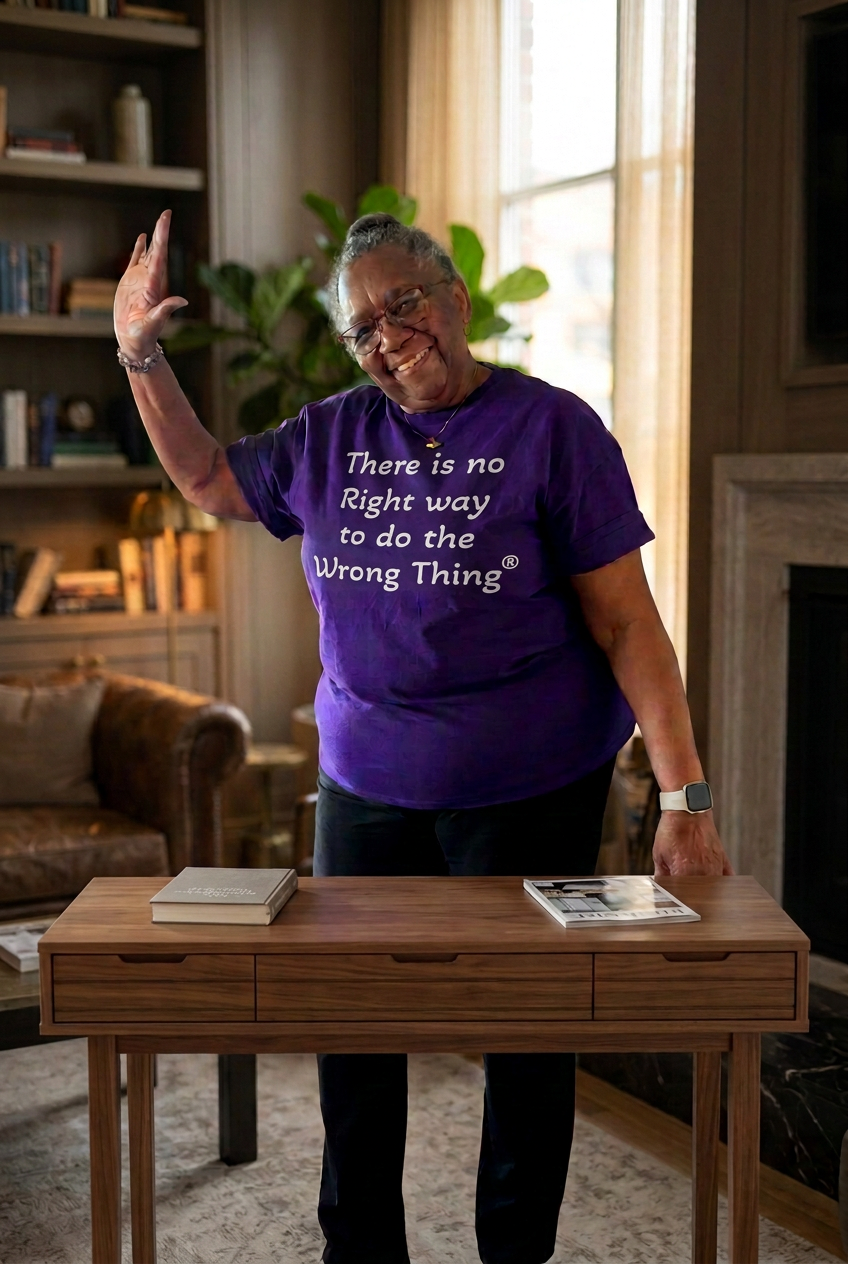 Woman wearing a purple trademarked quote tee with corrected lettering in a cozy room
