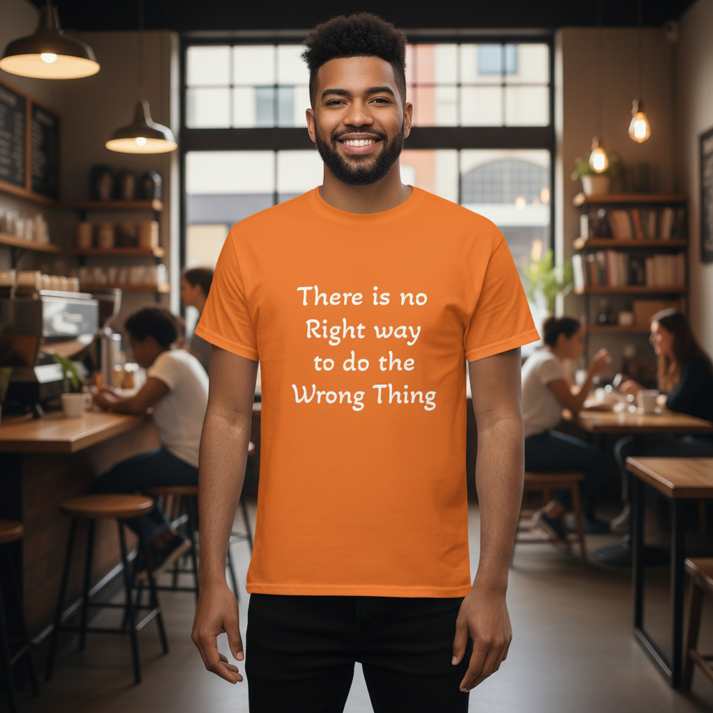 Orange heavyset dark-skinned Black man coffee shop