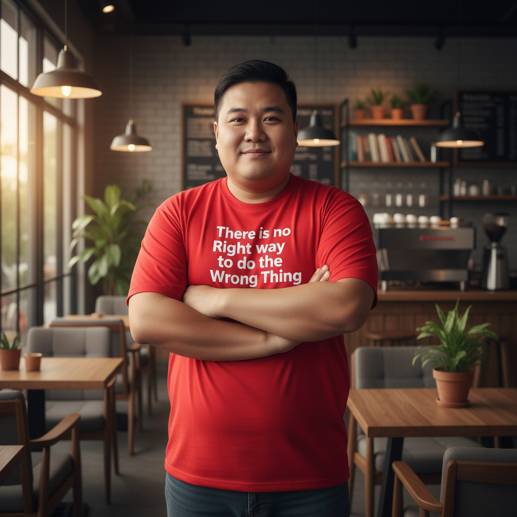 Red plus-size Asian man coffee shop