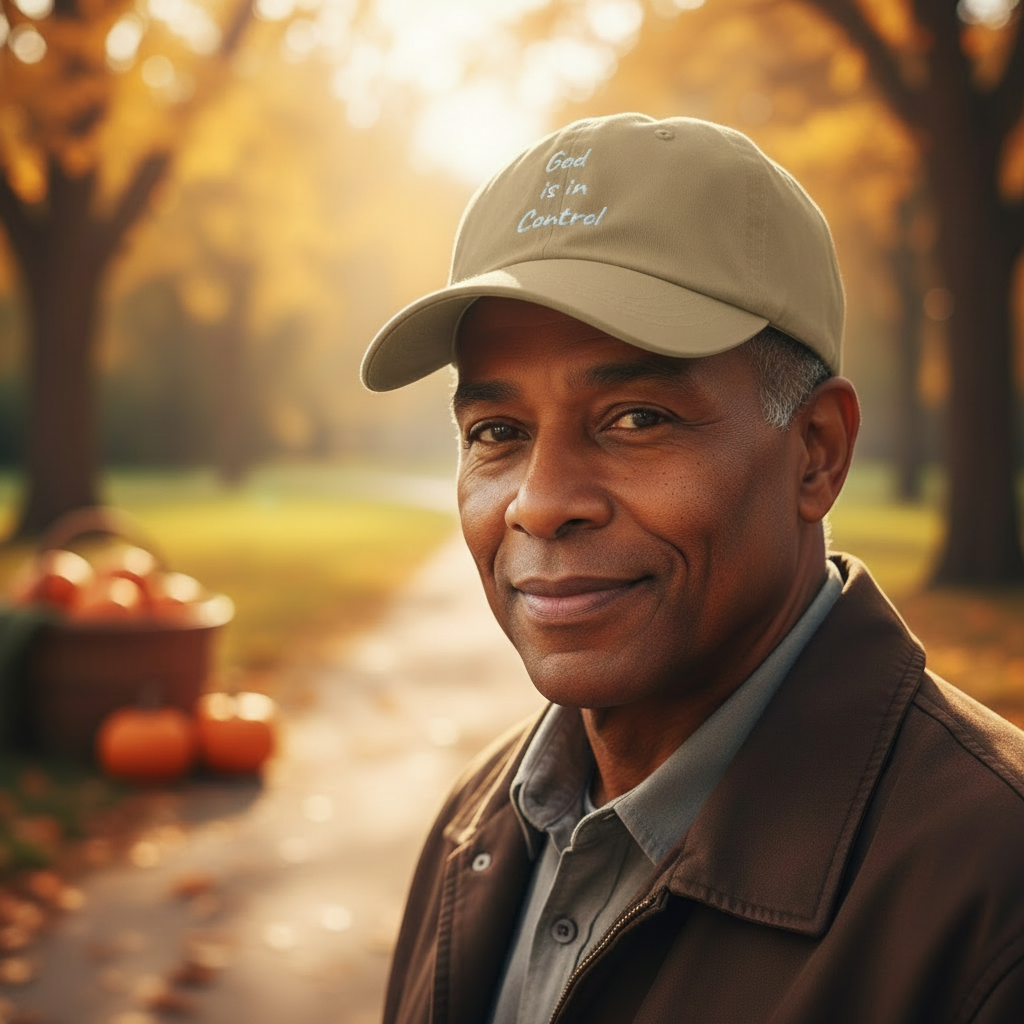 Khaki hat with clear fall background