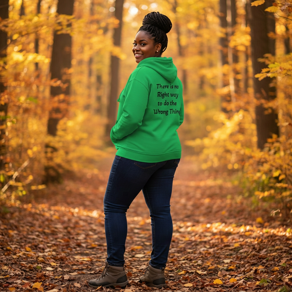Lady wearing the updated green hoodie with registered quote