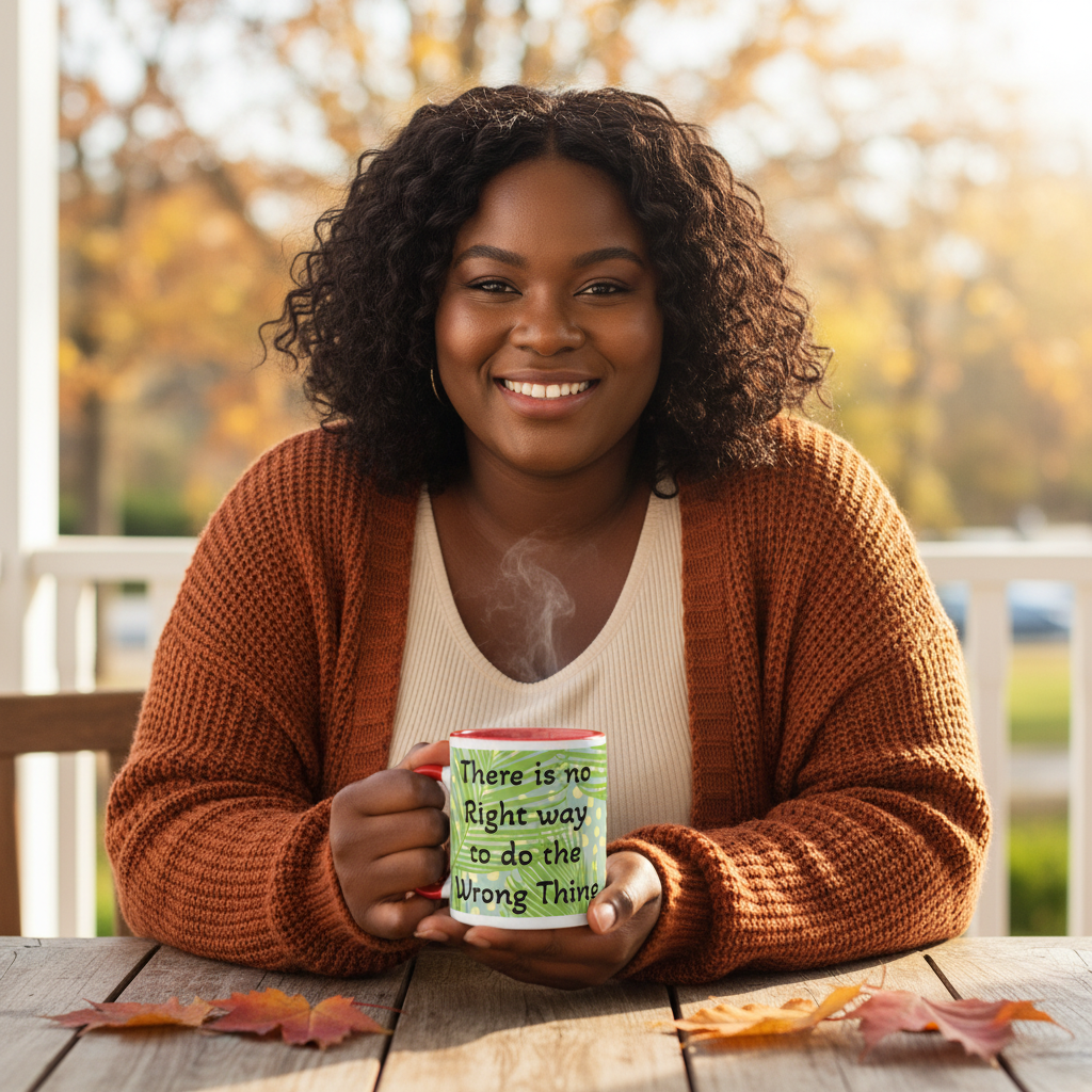 Lifestyle photo: a woman in a rust cardigan sipping from the Trademarked Quote mug with red interior on a fall porch table