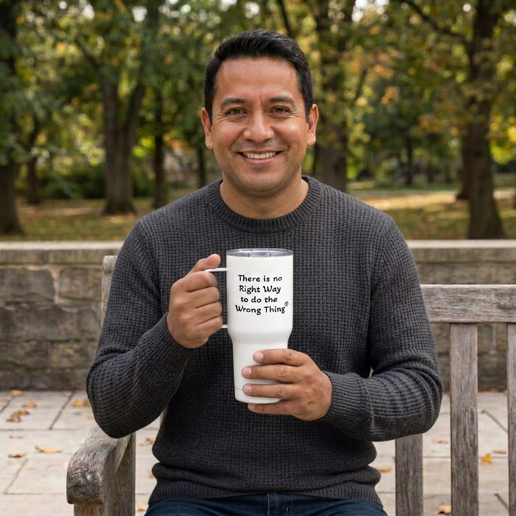Man holding the travel mug in a dark-charcoal sweater