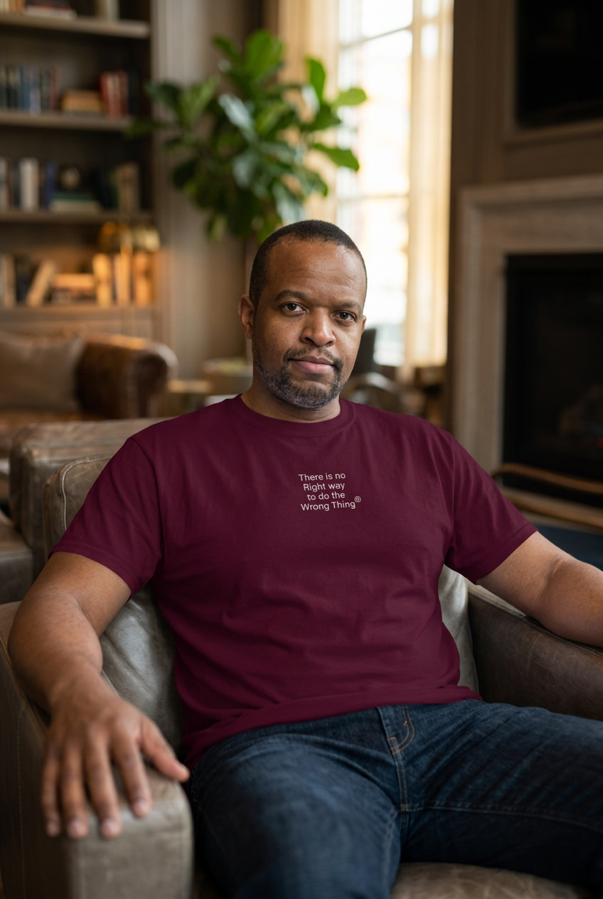 Maroon tee, same male model indoors