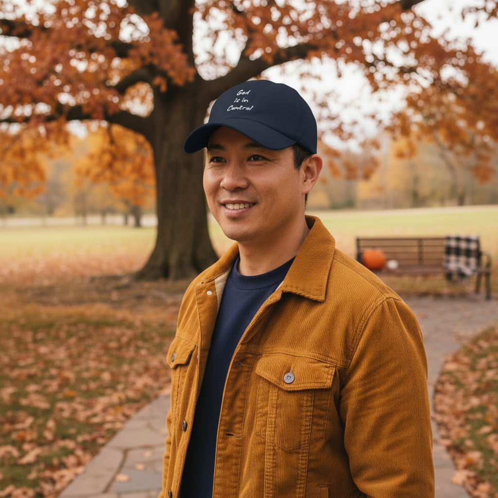 Navy hat with mustard fall jacket