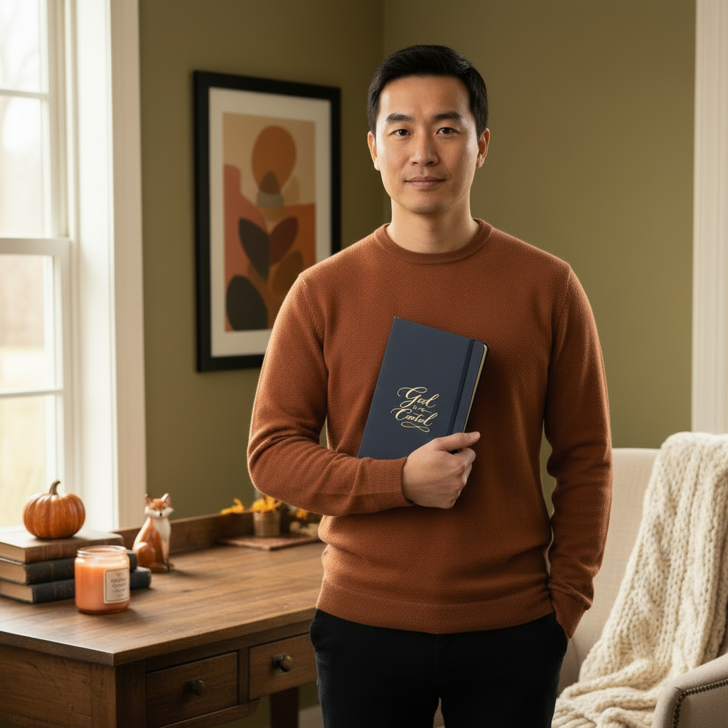 Navy notebook, indoor male model with visible face