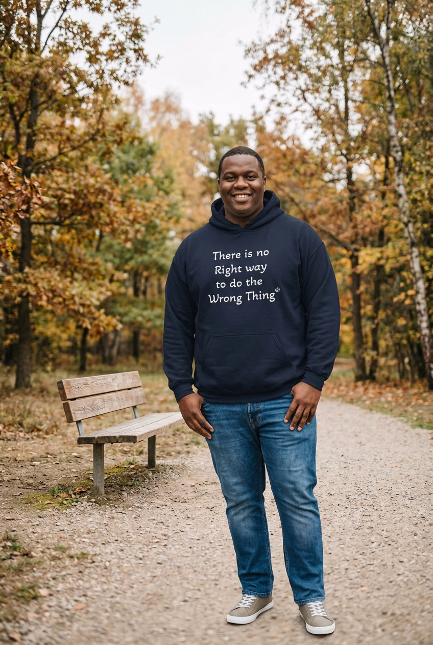 Navy trademarked-quote pullover on a fuller-built male model in the fall setting