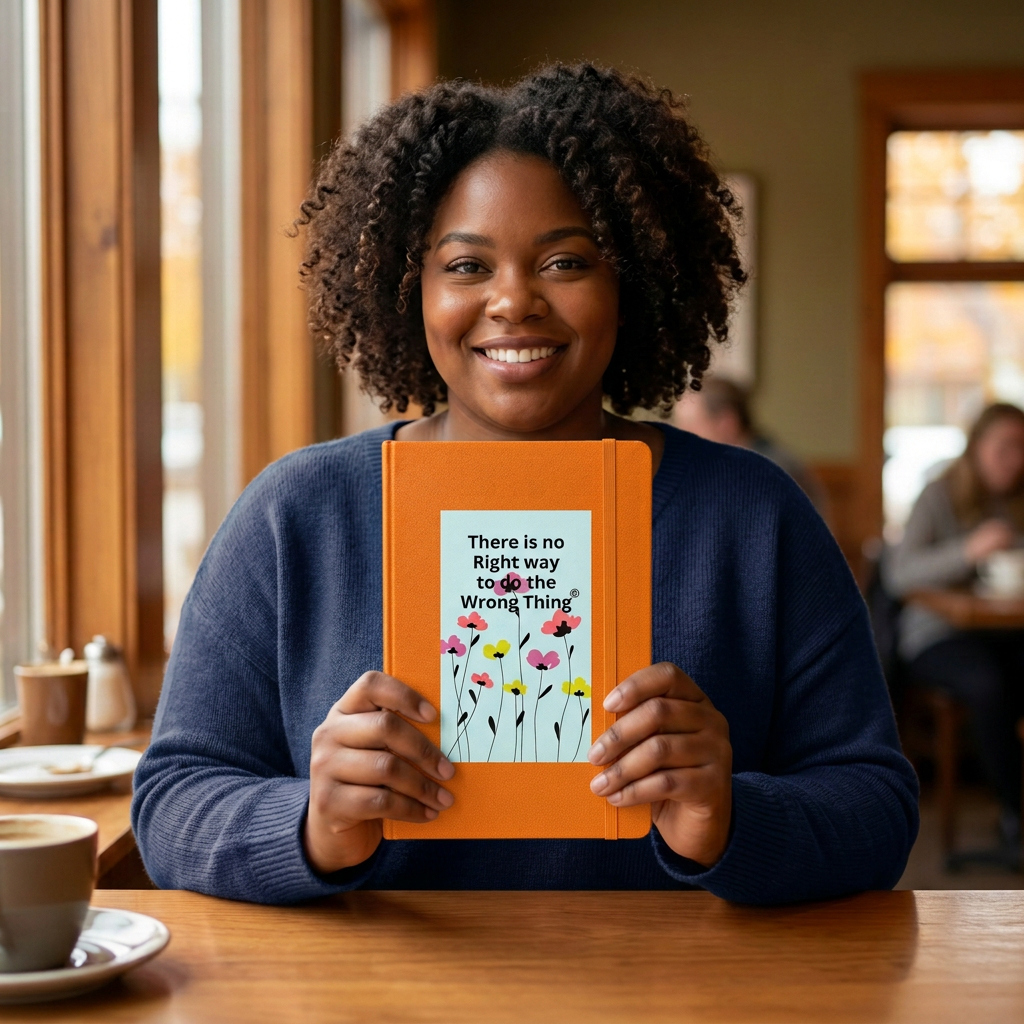 Orange journal with a navy sweater
