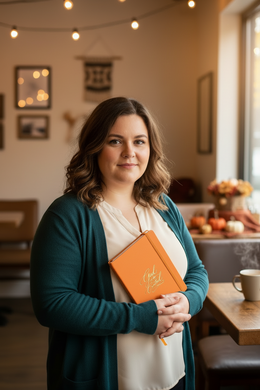 Orange notebook with complete portrait framing and indoor fall theme