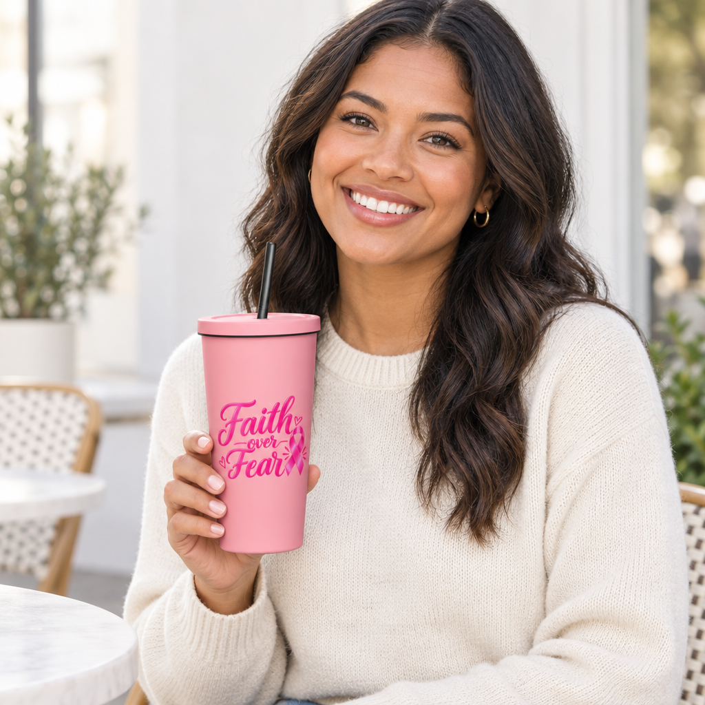 Person holding the Faith over Fear pink tumbler