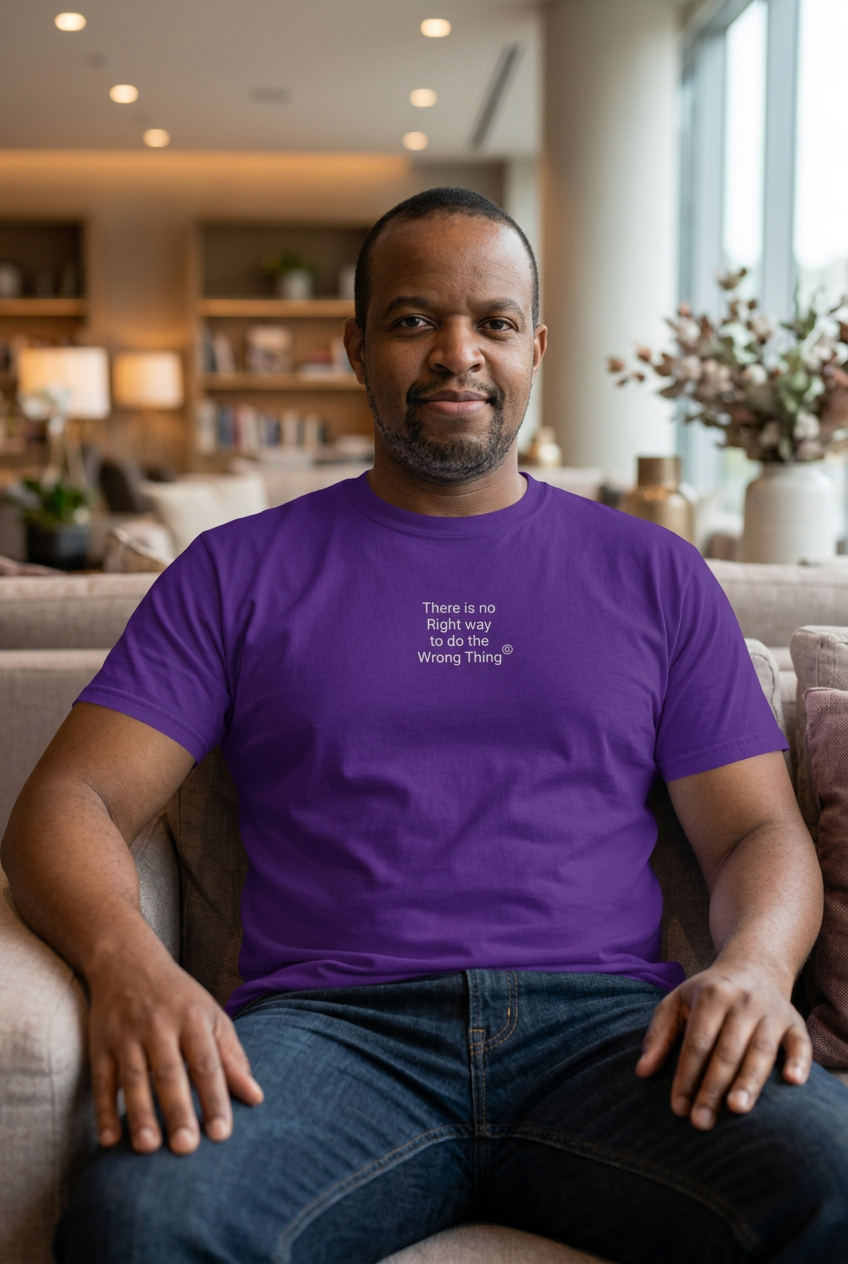 Purple tee, same male model indoors
