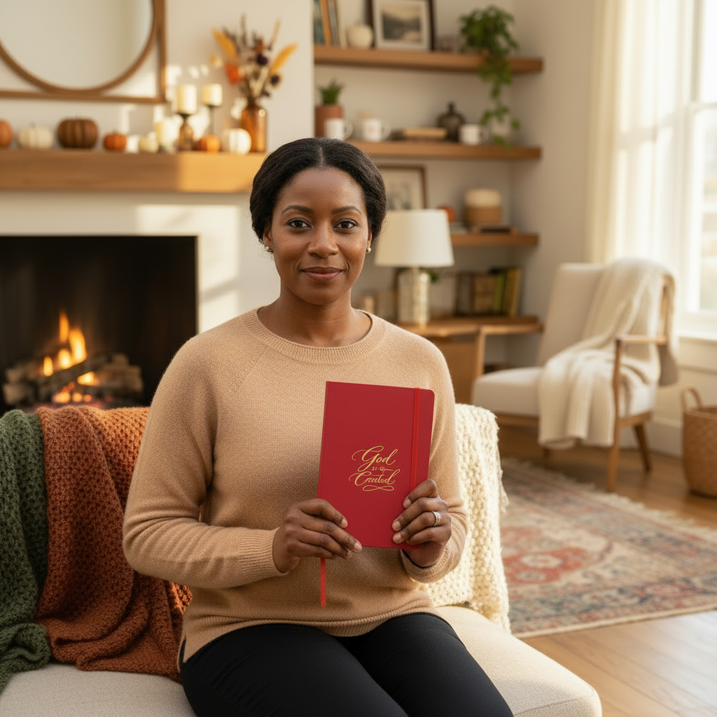 Red notebook, indoor female model with visible face