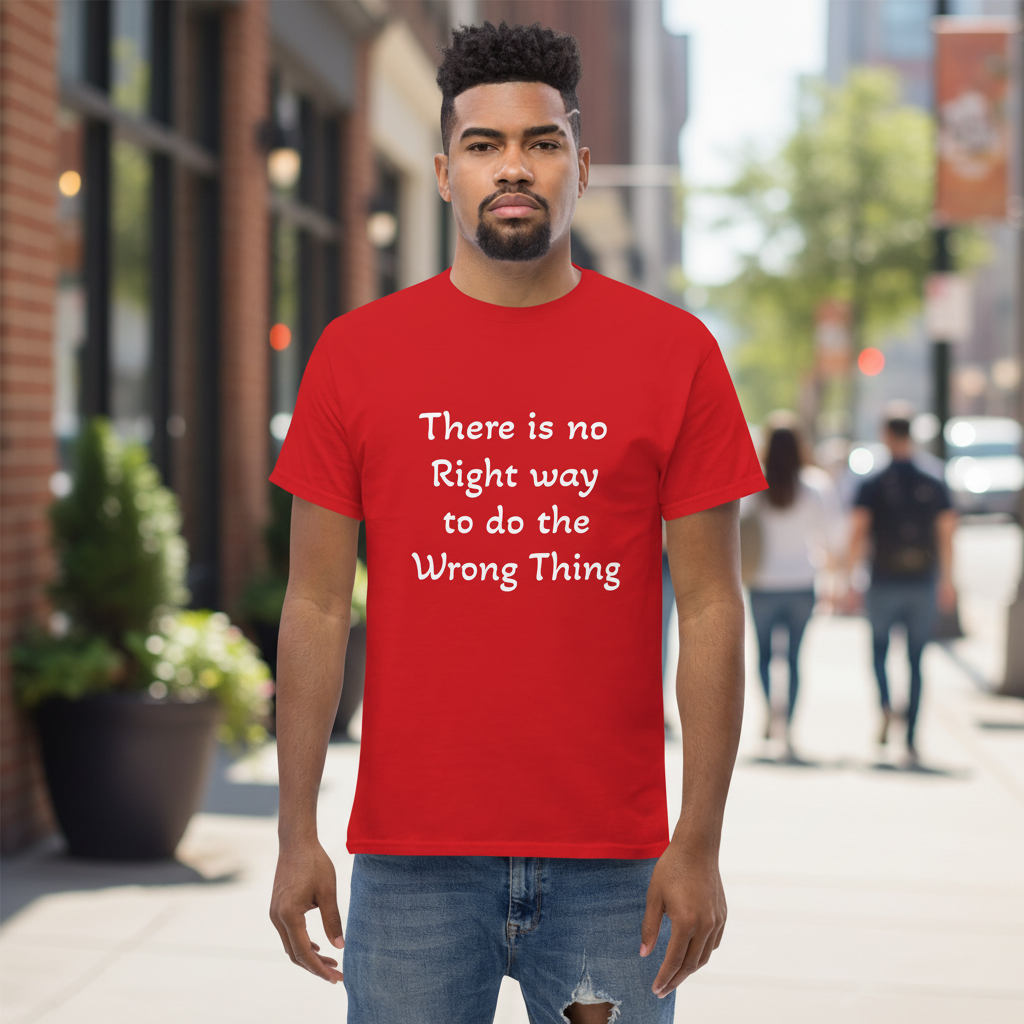 Red tee Latino man outdoor