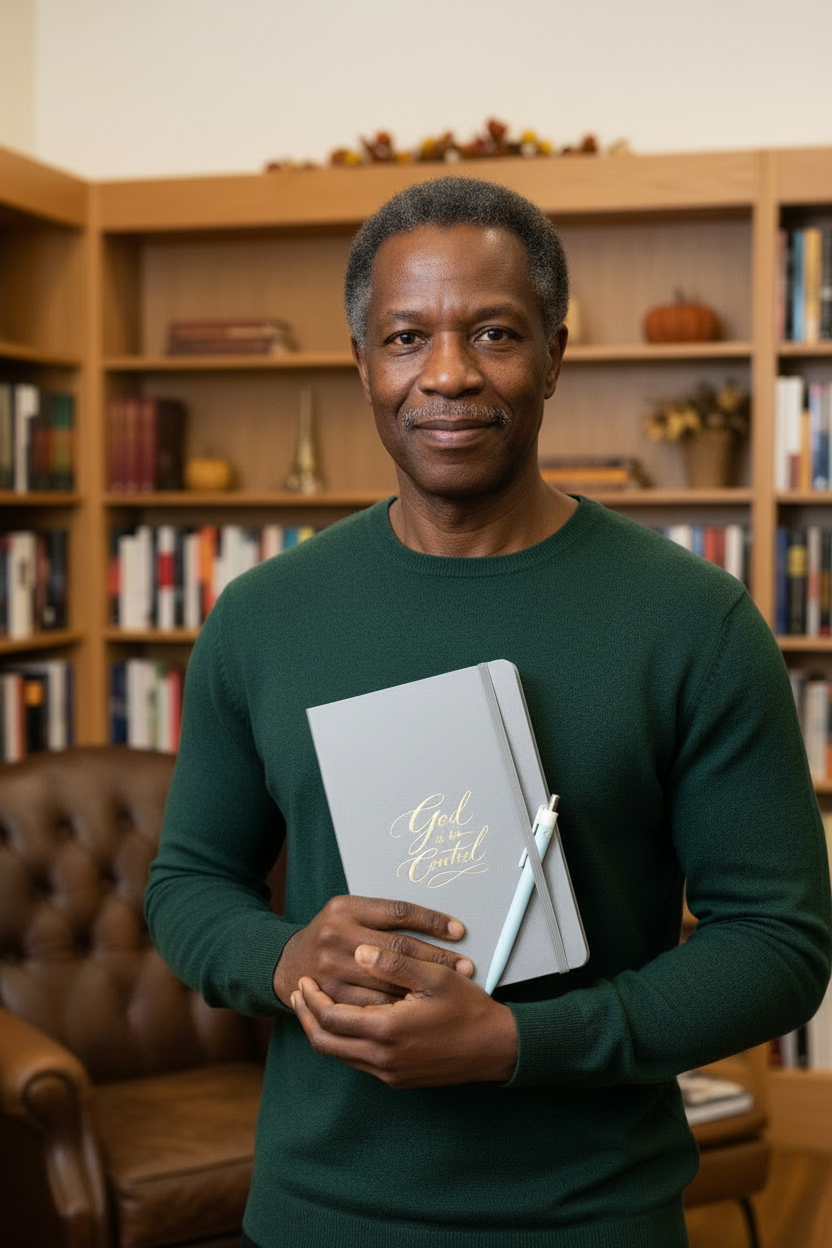 Silver notebook with older Black male model indoors