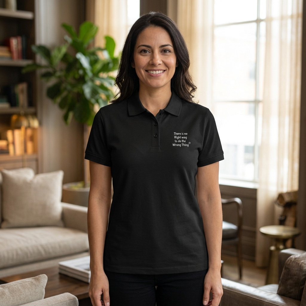 Spanish woman model wearing the black quote polo in a cozy room
