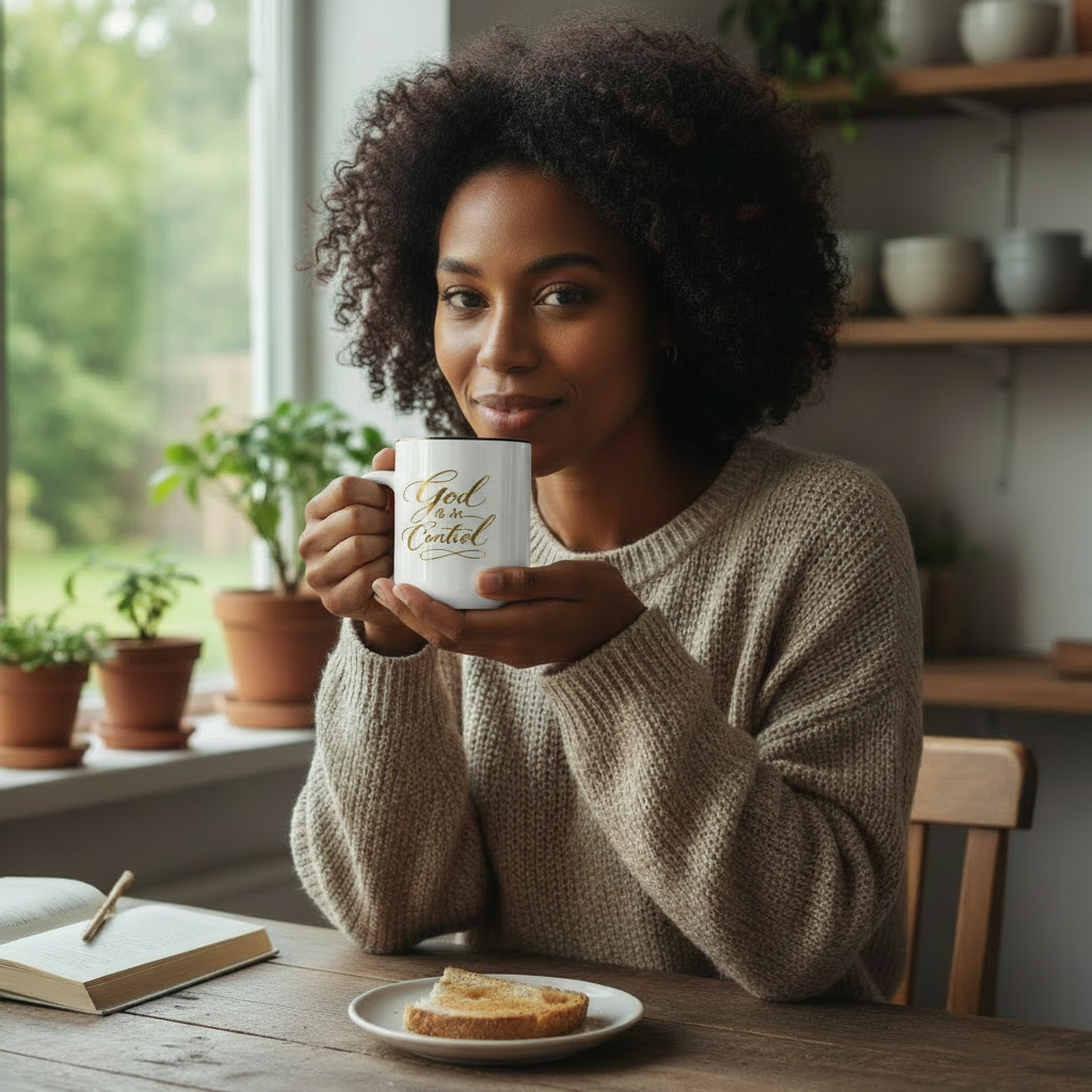 The same woman holding the white God is in Control mug, toast on the table