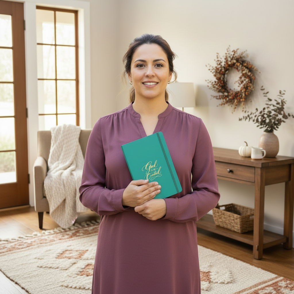 Turquoise notebook, indoor female model with visible face