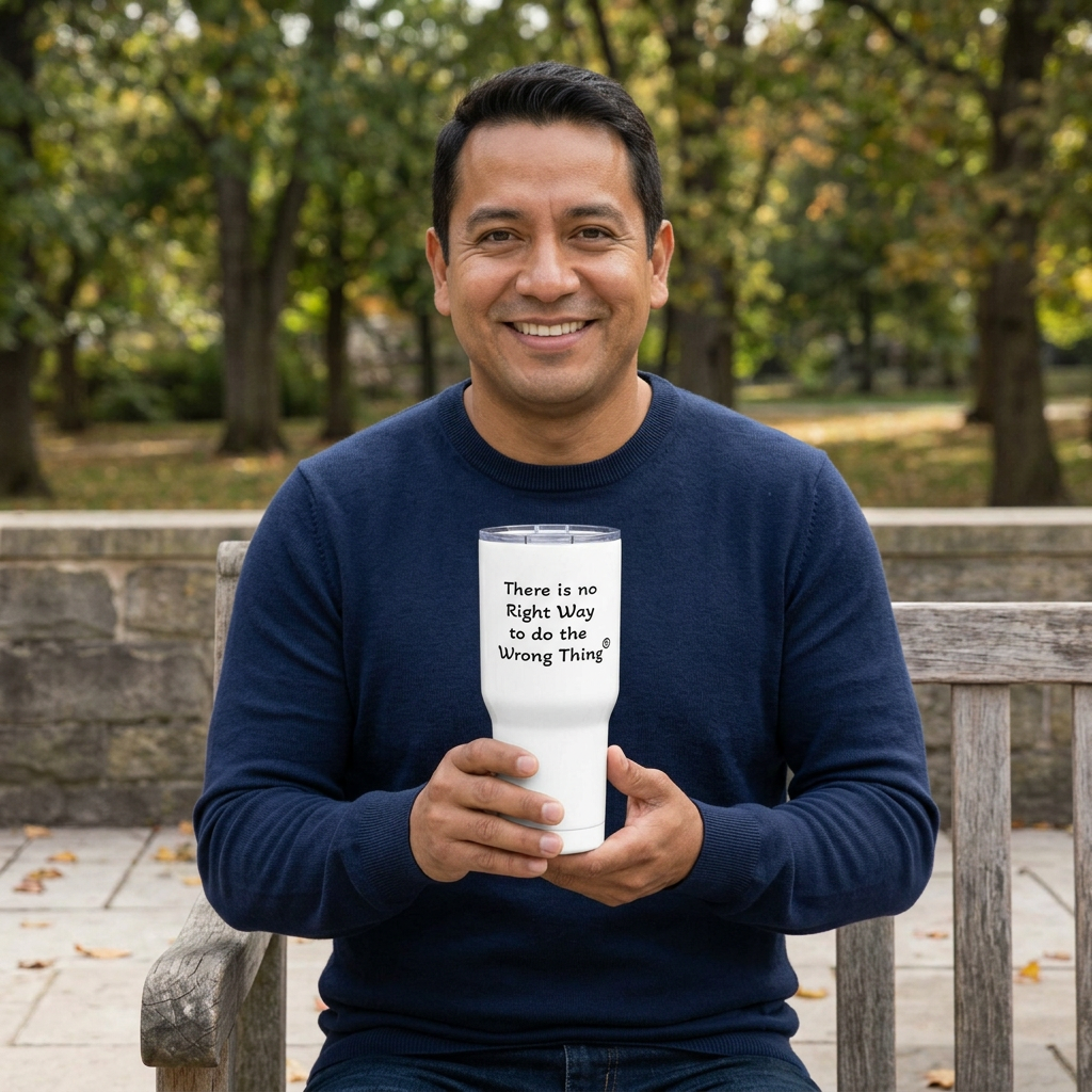White travel cup with navy sweater