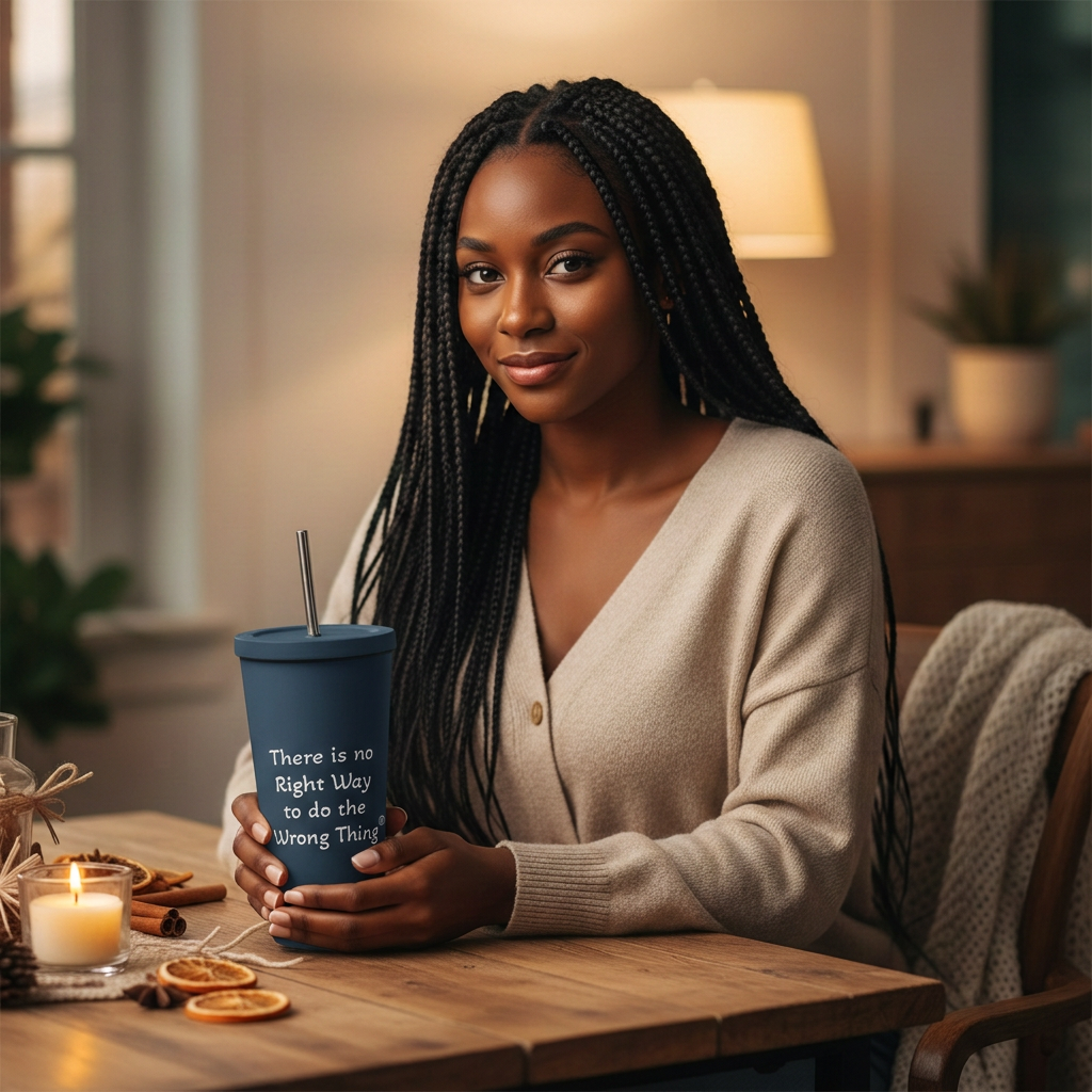 Woman holding the navy tumbler