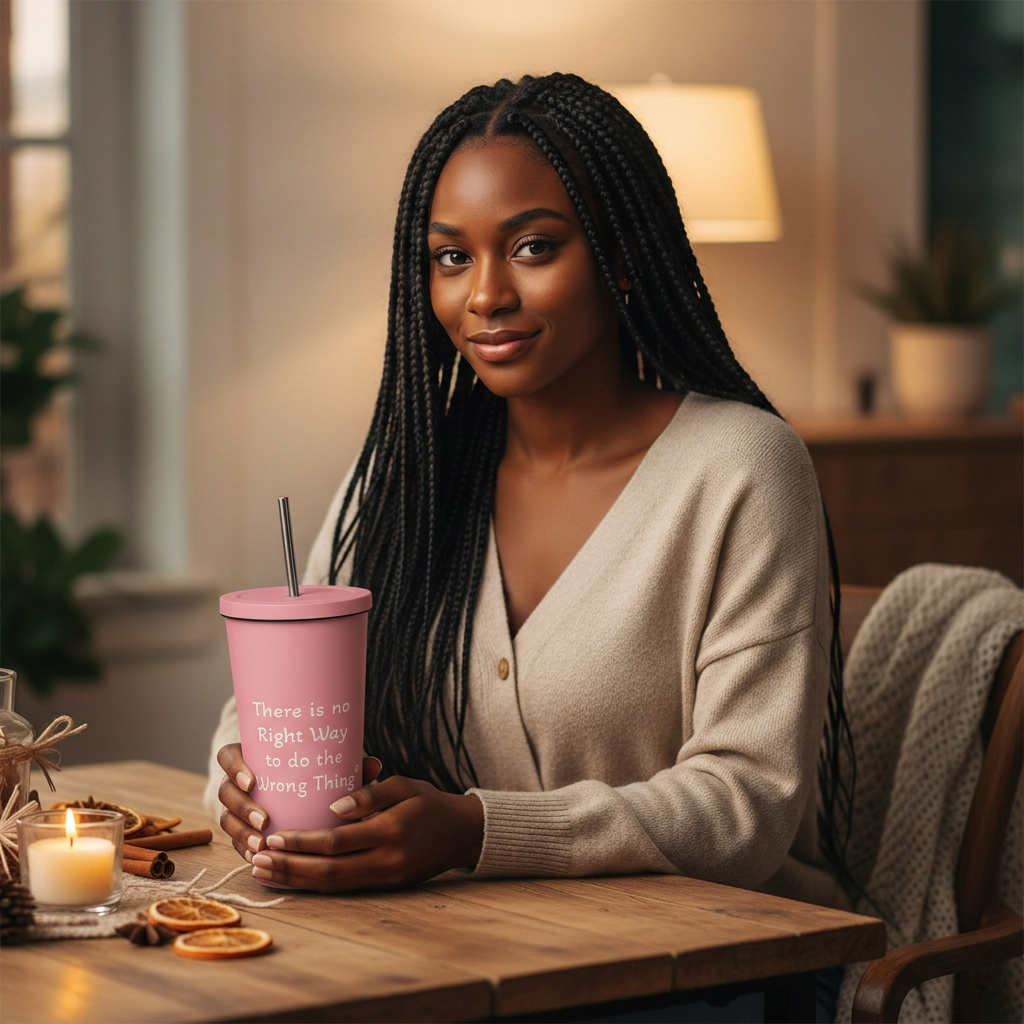 Woman holding the pink tumbler