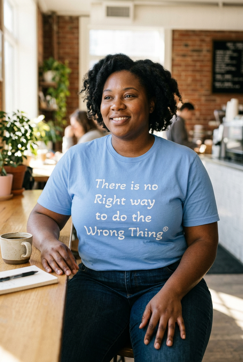 Woman in Carolina Blue tee indoors