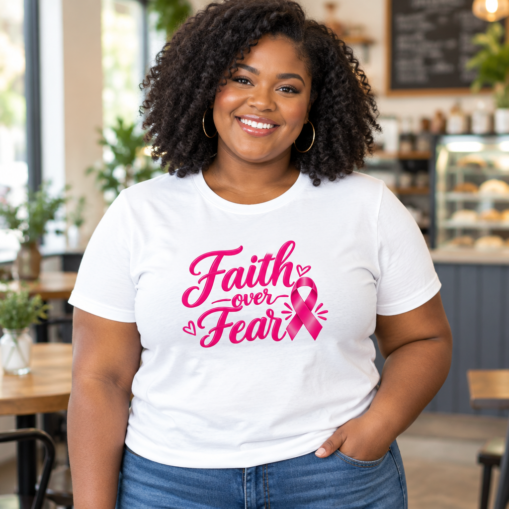 Woman wearing the white Faith over Fear tee